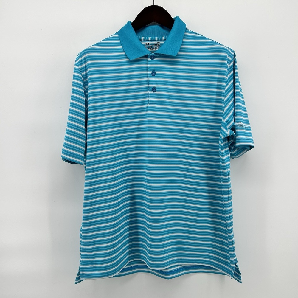 Under Armour Heat Gear Golf Polo Mens L Blue Stripe Prestwick Performance NWOT